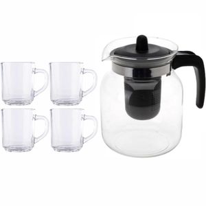 Glazen theepot zwart met filter van 1,5 liter met 6x stuks theeglazen Kopenhagen van 250 ml