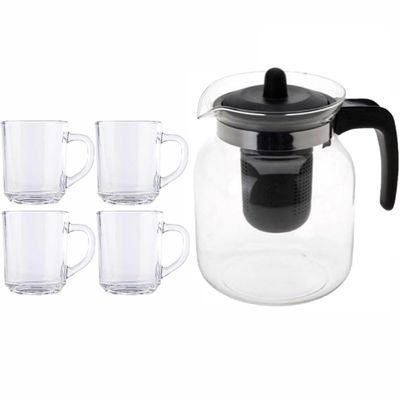 Glazen theepot zwart met filter van 1,5 liter met 6x stuks theeglazen Kopenhagen van 250 ml