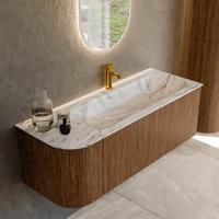 Mondiaz KURVE-DLUX 125 cm Onderkast Greeploos 1 Lade Met Deuren Walnut, Wastafel Solid Surface Rechts Glace 1 Kraangat Zonder Spiegel (KRVBGM125L1L1D1KR-Wal/Gla)