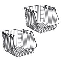 Opbergmandje - 2x - zwart - stapelbaar - 29 x 27 x 21 cm - draadmand - opbergen