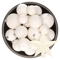 Kerstversiering kunststof kerstballen met piek winter wit 6-8-10 cm pakket van 27x stuks - Kerstbal