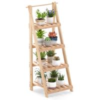 Bloemenladder Inklapbaar Ladderrek met 4 Planken Bloemenrek van Dennenhout Plantenladder Plantenrek Bloemenstandaard Naturel
