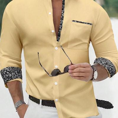 Bon&Bon Men's Yellow Long Sleeve Casual Button-Up Floral Shirt Khaki / XS