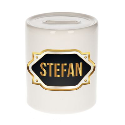 Naam cadeau spaarpot Stefan met gouden embleem Naam cadeau spaarpot Stefan met gouden embleem