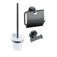 Fortifura Calvi Toiletset 3-delig - toiletrolhouder met klep - toiletborstel - handdoekhaak dubbel rond - Geborsteld Gunmetal PVD SW1183147 SW1211595 SW721173