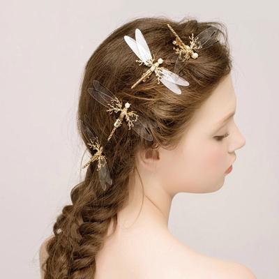 3 PC'S Golden Dragonfly haarspelden bruids hoofdtooi bruiloft haaraccessoires transparante vleugels Dragonfly Hair clip (goud)