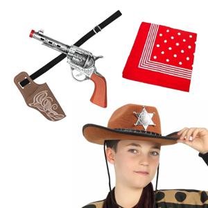 Carnaval Verkleed set - Cowboy hoed bruin/zakdoek rood/holster met revolver - voor kinderen