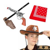 Carnaval Verkleed set - Cowboy hoed bruin/zakdoek rood/holster met revolver - voor kinderen