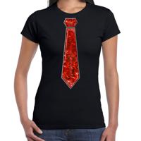 Verkleed t-shirt voor dames - stropdas rood - pailletten - zwart - carnaval - foute party - thumbnail