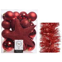 Kerstversiering kerstballen 5-6-8 cm met ster piek en folieslingers pakket rood van 35x stuks - Kerstbal - thumbnail