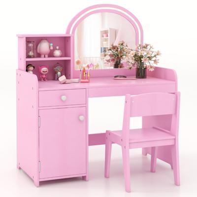 2-In-1 Make-Uptafel voor Kinderen met Stoel Led-Lechten/Spiegel/Kast/Lade Kinderkaptafel Make-Uptafel voor Kinderen 3+ Roze