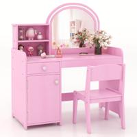 2-In-1 Make-Uptafel voor Kinderen met Stoel Led-Lechten/Spiegel/Kast/Lade Kinderkaptafel Make-Uptafel voor Kinderen 3+ Roze 2-In-1 Make-Uptafel voor Kinderen met Stoel Led-Lechten/Spiegel/Kast/Lade Kinderkaptafel Make-Uptafel voor Kinderen 3+ Roze