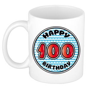 Verjaardag cadeau mok - 100 jaar - blauw - gestreept - 300 ml - keramiek