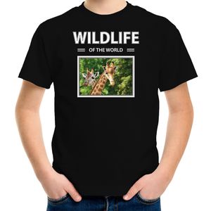 Giraf t-shirt met dieren foto wildlife of the world zwart voor kinderen XL (158-164)  -