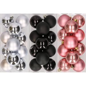 36x stuks kunststof kerstballen mix van zilver, zwart en oudroze 6 cm - Kerstbal