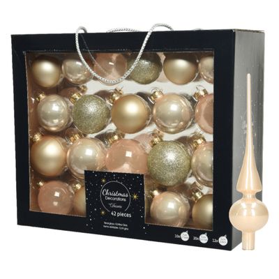 Kerstballen - 42x st - 5, 6, 7 cm - met glans piek - champagne - glas - kerstversiering Kerstballen - 42x st - 5, 6, 7 cm - met glans piek - champagne - glas - kerstversiering