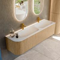 Mondiaz KURVE 165 cm Onderkast Greeploos 2 Lades Met Deuren Oak, Wastafel Solid Surface Rechts Talc 2 Kraangaten Zonder Spiegel (KRVBGS165L2L1D2KD-Oak/Tal)