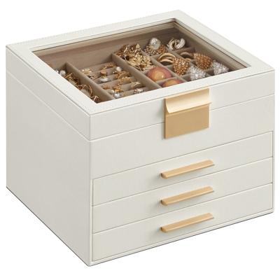 Sieradendoosje met glazen deksel, Wolkenwit + Goud / 4 laden (16,5H cm)