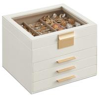 Sieradendoosje met glazen deksel, Wolkenwit + Goud / 4 laden (16,5H cm)