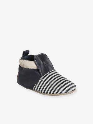 Tweekleurige elastische babyschoentjes van zacht leer blauw, gestreept