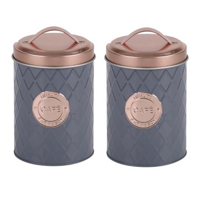 Koffie bewaarblik - 2x - metaal - grijs/ros? - 11 x 16 cm - cups/bonen/filterkoffie