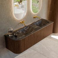 Badmeubel Mondiaz Kurve-Dlux | 155 cm | Meubelkleur Walnut | Wastafelkleur Lava | Solid surface | Dubbele spoelbak | Zonder kraangat(en)