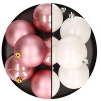 12x stuks kunststof kerstballen 8 cm mix van wit en velvet roze - thumbnail