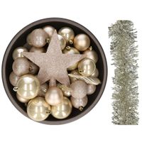 Kerstversiering kerstballen 5-6-8 cm met ster piek en folieslingers pakket champagne van 35x stuks