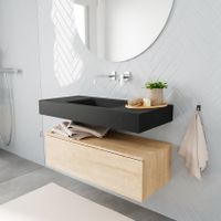 Mondiaz Alan badmeubel 100 cm washed oak 1 lade vrijhangend wastafel midden zonder kraangat zwart