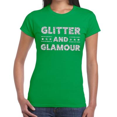 Glitter and Glamour Feestkleding T-shirt - Groen - zilver glitters letters - voor dames - Kleding