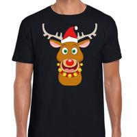 Foute Kersttrui t-shirt - Rendier Rudolf - Rode kerstmuts - zwart - voor heren
