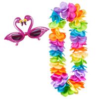 Tropische Hawaii party verkleed accessoires set - Flamingos zonnebril - bloemenkrans kleurenmix