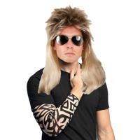 Rocker/biker verkleed set heren - carnaval verkleed pruik blond haar - met 2 Tattoo sleeves