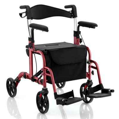 2-in-1 Rolstoel & Reisrollator met Tas & Dubbele Remmen & Stokhouder Rollator Rolator Rood
