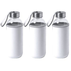 6x Stuks glazen waterfles/drinkfles met witte softshell bescherm hoes 420 ml