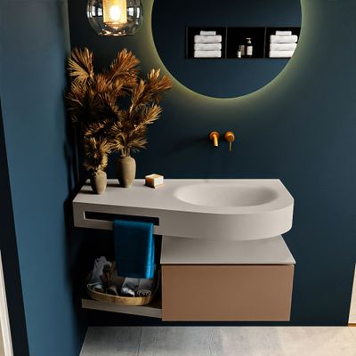 MONDIAZ RIVA 100cm badmeubel onderkast / planchet kleur Rust met 1 lade. Wastafel DULCET rechts 0 kraangaten kleur Linen. MONDIAZ RIVA 100cm badmeubel onderkast / planchet kleur Rust met 1 lade. Wastafel DULCET rechts 0 kraangaten kleur Linen.