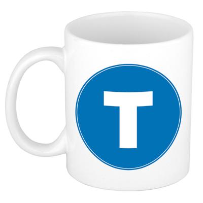 Koffie mok met de letter T - beker - blauw - eerste letter van een voornaam - wit - 300 ml
