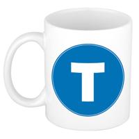 Koffie mok met de letter T - beker - blauw - eerste letter van een voornaam - wit - 300 ml