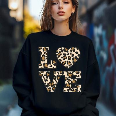 Women's Leopard Love Print Sweatshirt - Loose Crew Neck Pullover Black / M