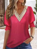 V Neck Lace Plain Casual Shirt