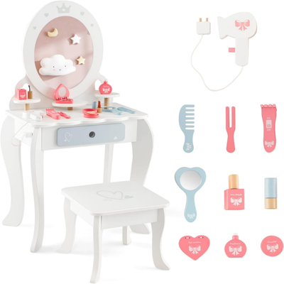Make-Uptafel voor Kinderen 2-In-1 Kaptafel van Hout met Kruk Afneembare Spiegel Laden en Accessoires Kinderkaptafel voor Kinderen 3+