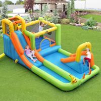 Springkasteel met 680 W Ventilator Basketbalmand Ringwerpspel Waterpark voor Buiten incl. Opblaasbare Basketbal Draagtas Reparatieset