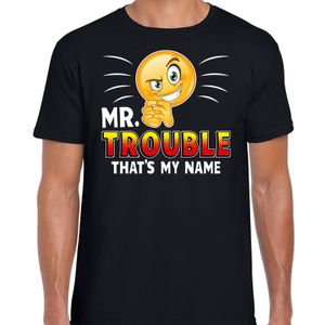 Funny emoticon t-shirt Mr.Trouble that is my name zwart heren