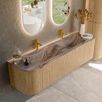 Badmeubel Mondiaz Kurve-Dlux | 170 cm | Meubelkleur Oak | Wastafelkleur Sombra | Solid surface | Wasbak beide zijden spoelbak | 2 kraangaten