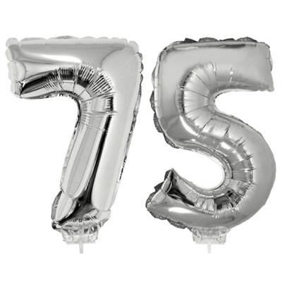 75 jaar leeftijd versiering cijfers - verjaardag - ballonnen op stokje - van 41 cm - zilver 75 jaar leeftijd versiering cijfers - verjaardag - ballonnen op stokje - van 41 cm - zilver