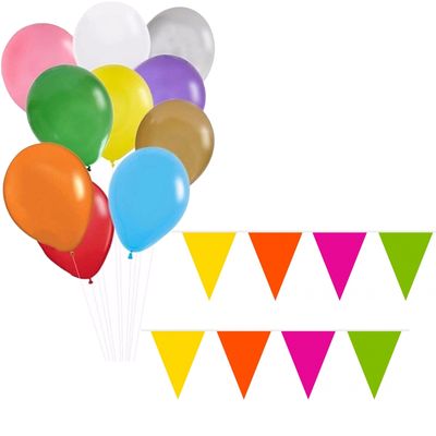 Verjaardag ballonnen 50x stuks met 2x stuks gekleurde vlaggenlijnen Verjaardag ballonnen 50x stuks met 2x stuks gekleurde vlaggenlijnen