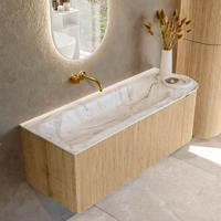 Badmeubel Mondiaz Kurve-Dlux | 125 cm | Meubelkleur Oak | Wastafelkleur Glace | Solid surface | Links spoelbak | Zonder kraangat(en) Badmeubel Mondiaz Kurve-Dlux | 125 cm | Meubelkleur Oak | Wastafelkleur Glace | Solid surface | Links spoelbak | Zonder kraangat(en)