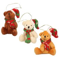 3x Kersthangers knuffelbeertjes wit en beige en bruin met gekleurde sjaal en muts 7 cm - Kersthangers - thumbnail