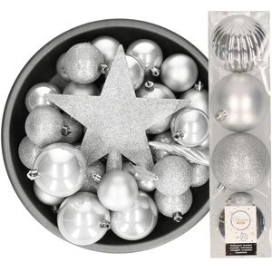 Decoris kerstballen 37x stuks zilver 5-6-8-10 cm met ster piek kunststof