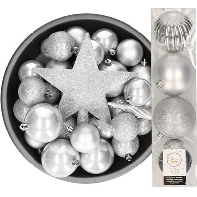 Decoris kerstballen 37x stuks zilver 5-6-8-10 cm met ster piek kunststof